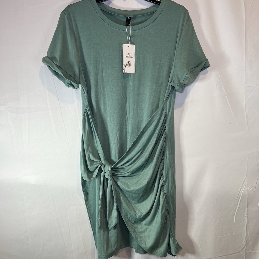 NWT Lillusory Women's Size Large T-Shirt Green Dress Stretch‎ Tie Waist Classic